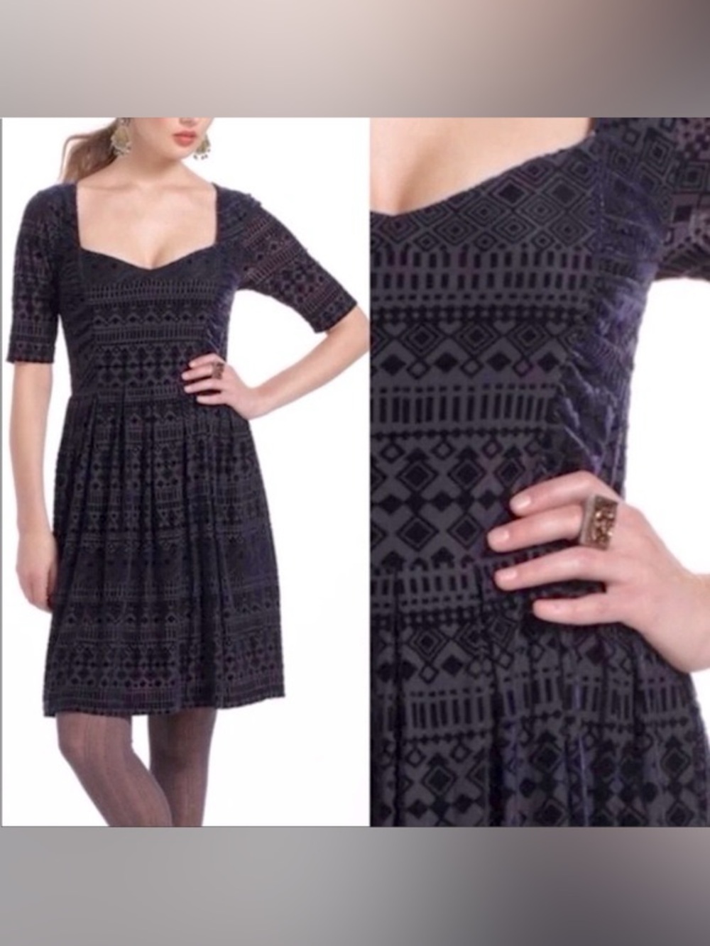 Anthropologie Meadow Rue Navy Geometric Navy Velvet Dress Size Medium